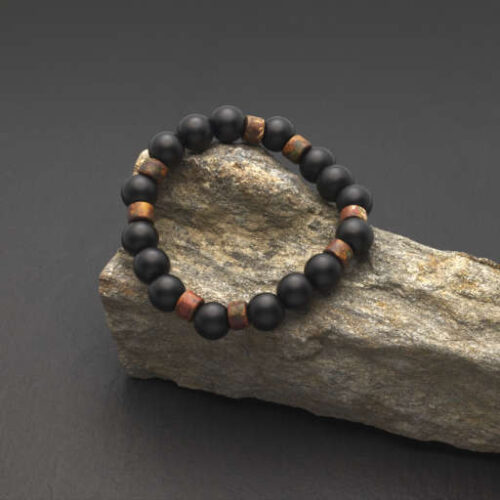 Pulsera bohemia con cuentas de roca de lava pulida y cerámica rústica Santorini